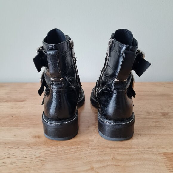 Rag & Bone Cannon Buckle Boots Black Moto Ankle Zip Up 38.5 Patent Leather - Picture 3 of 8
